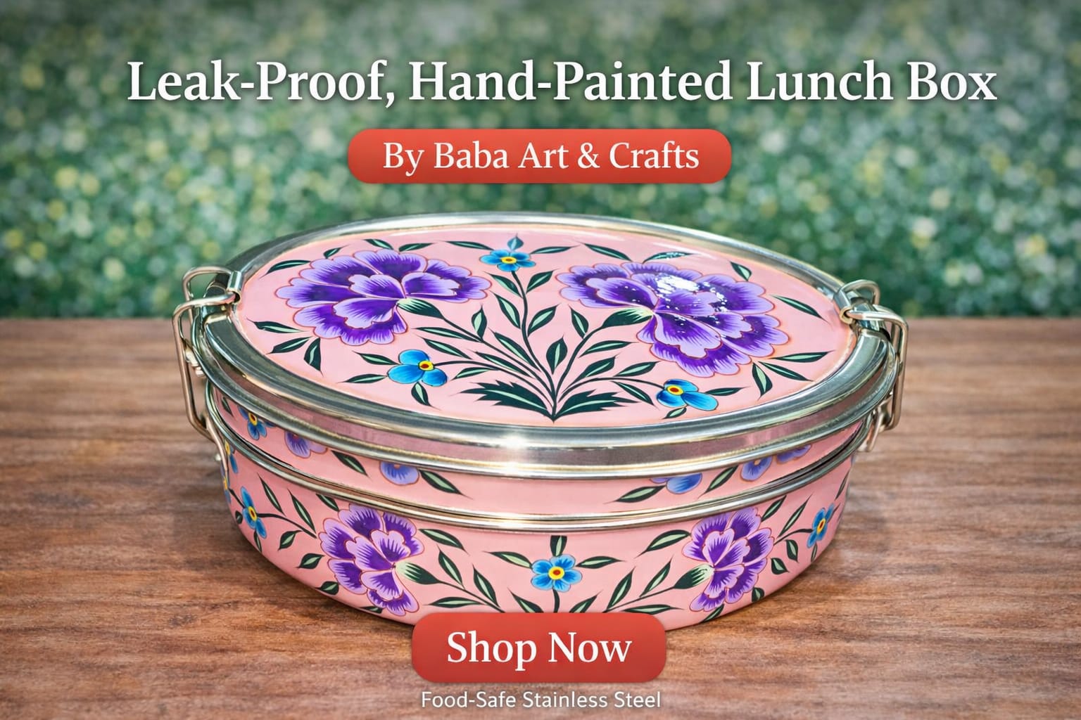 Single Tier Oval Hand-Painted Stainless Steel Lunch BoxSingle tier oval hand-painted stainless steel lunch box from Kashmir, leak-proof and lead-free enamelware handicraft